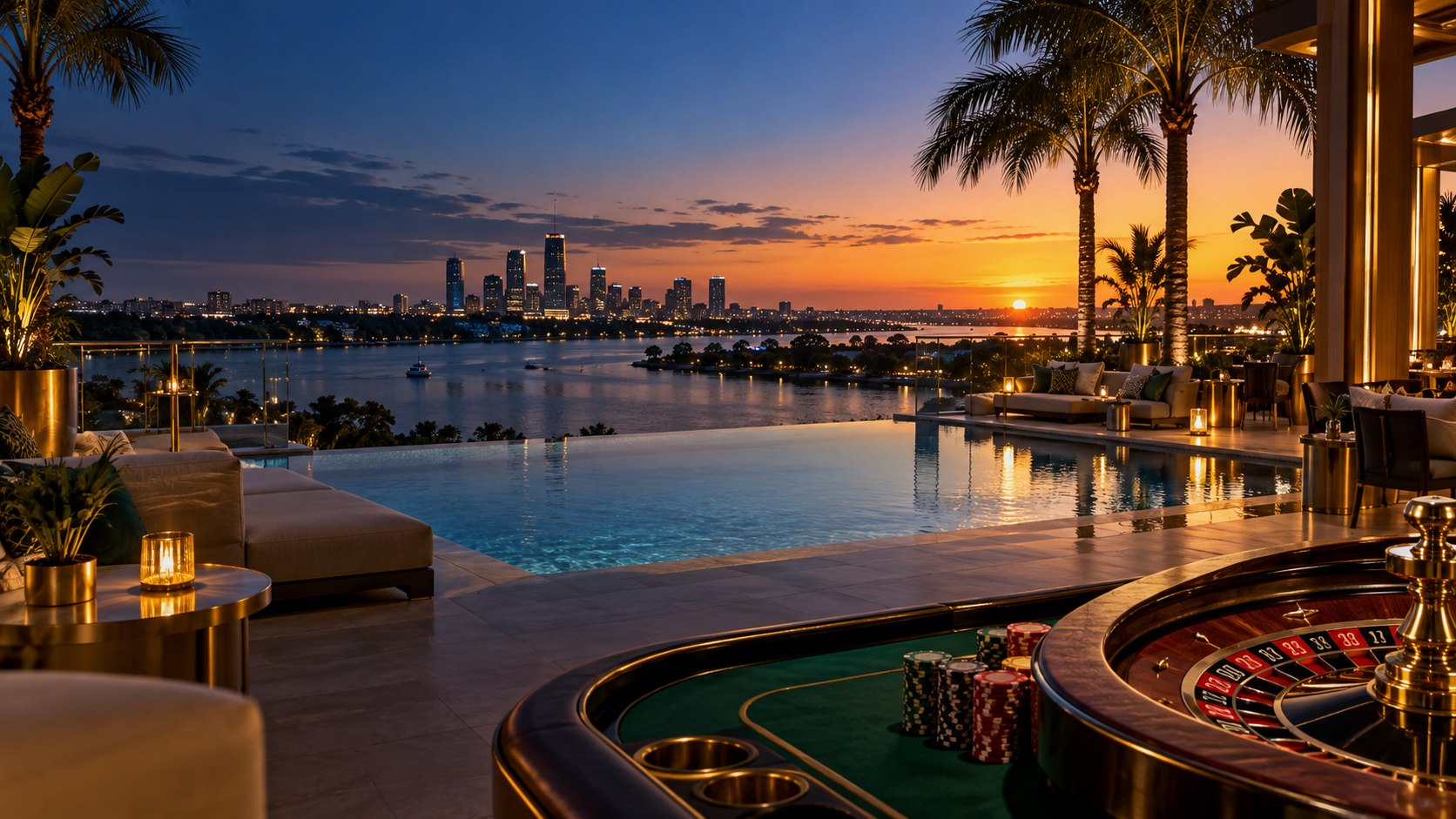 AI-generated Perth-inspired casino lounge overlooking a resort pool, river and city skyline at sunset